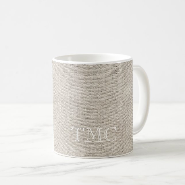 Classic Monogram White Initials Flax Fine Linen Coffee Mug (Front Right)