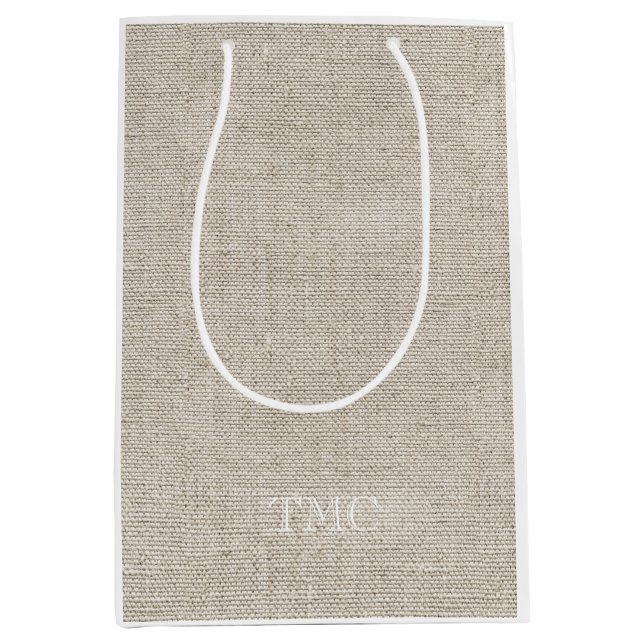 Classic Monogram white Initials Neutral Linen Medium Gift Bag (Front)