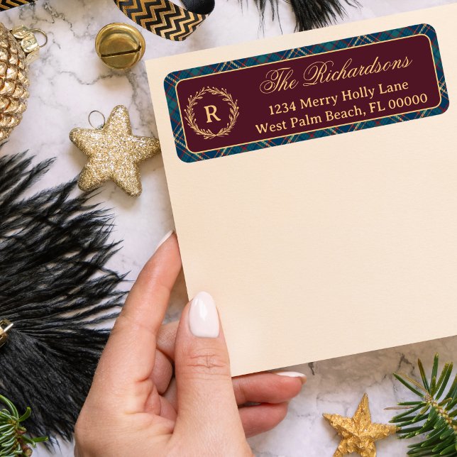 Classic Monogram Wreath Burgundy Plaid Christmas (Creator Uploaded)