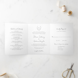 Classic Monogram Wreath Crest Elegant Wedding Tri-Fold Invitation