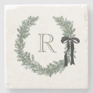 Classic Monogram Wreath Crest with Black Bow Stone Coaster