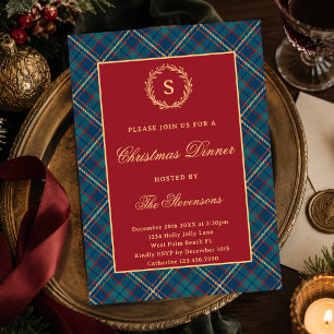 Classic Monogram Wreath Red Plaid Christmas Party Invitation