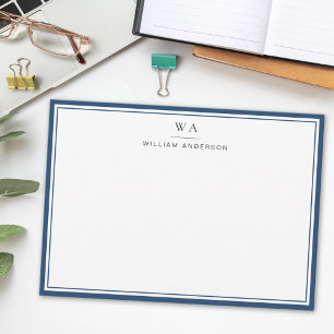 Classic Monogrammed Aegean Blue Stationery Note    Card