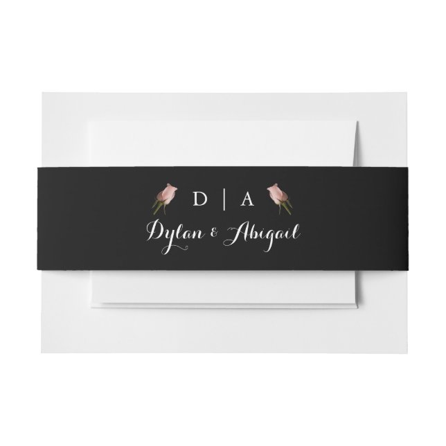 Classic Monogrammed Blk w/Rose Wedding Belly Band Invitation Belly Band (Front Example)