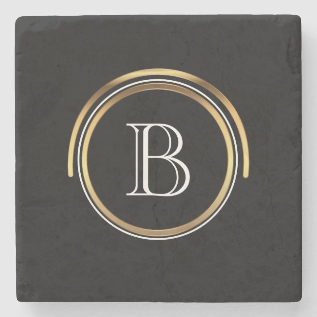 Classic Monogrammed Initial | Elegant Black Gold Stone Coaster (Front)