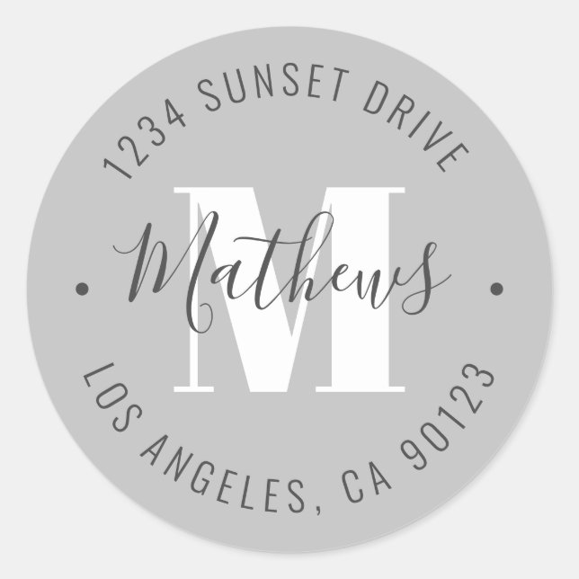 Classic Monogrammed Name & Circular Text | Grey Round Sticker (Front)