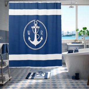 Classic Monogrammed Nautical Navy Blue and White  Shower Curtain