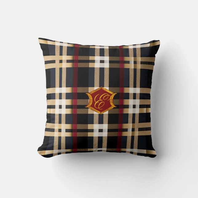 Classic Monogrammed Plaid Beige Red & Black  Cushion (Front)
