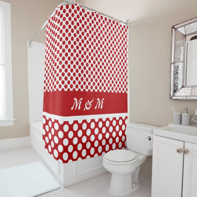 Classic Monogrammed Red & White Polka Dot Shower Curtain (In Situ)