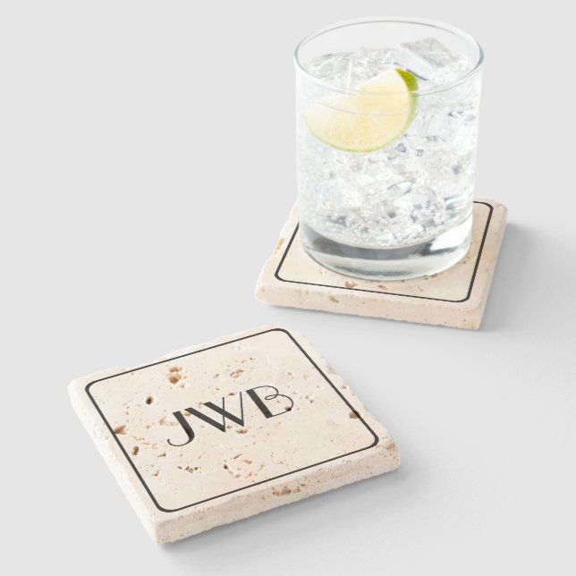 Classic Monogrammed Rugged Masculine Travertine Stone Coaster (Side)