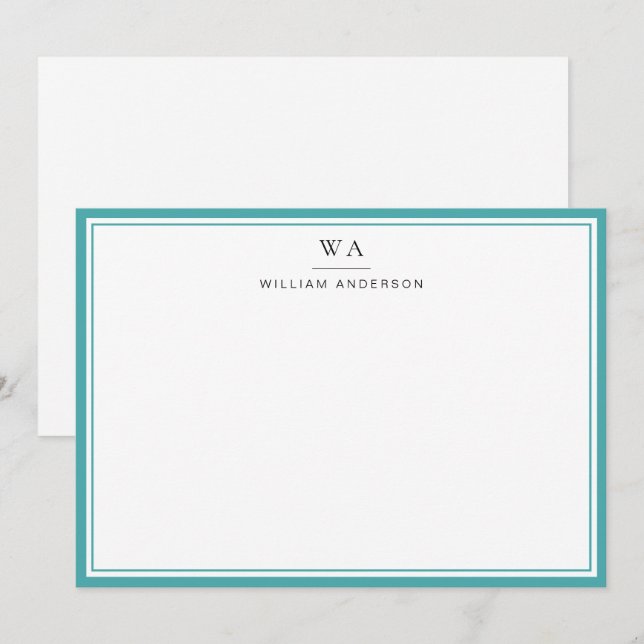 Classic Monogrammed Teal Blue Stationery Note   Card (Front/Back)