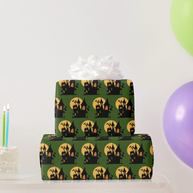 Classic Moonlit Haunted House with Witch & Ghosts Wrapping Paper (Party Gifts)
