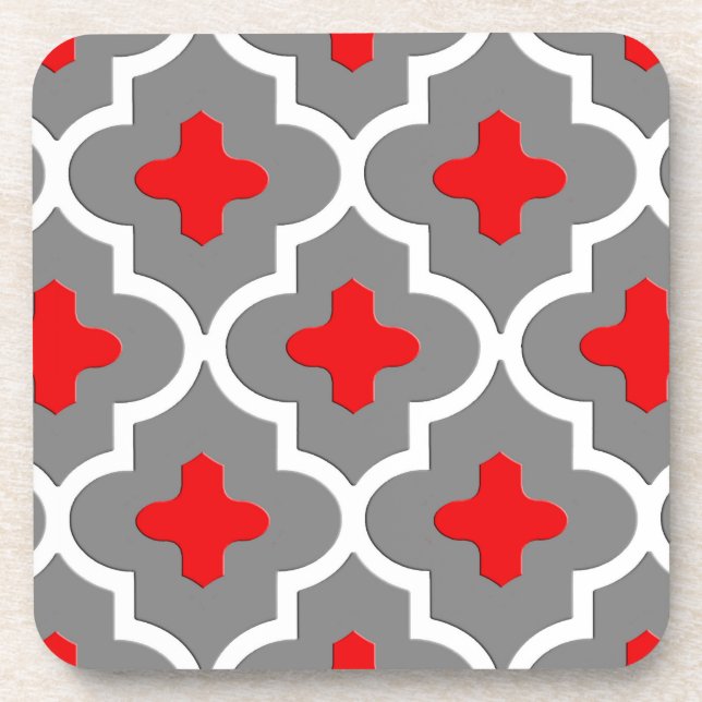 Classic Moroccan Tile, Grey / Grey and Red Coaster (Front)