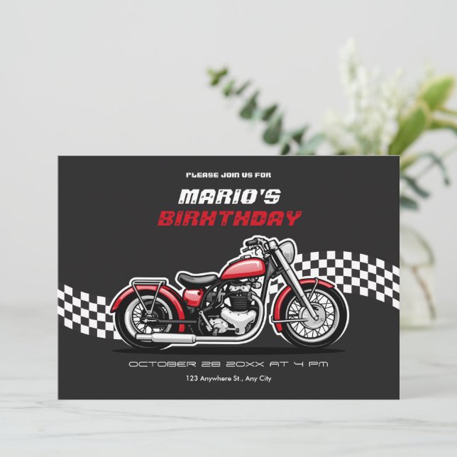 Classic motorbike birthday invitation (Standing Front)