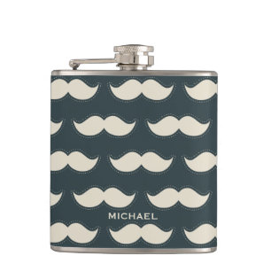 Classic Moustache Pattern on Black Personalised Hip Flask