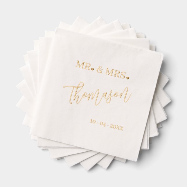 Classic Mr and Mrs Wedding Day Date Rose Gold Foil Napkins (Insitu (Stacked))