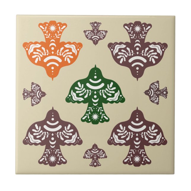 Classic multicolor unique green orange birds tile (Front)