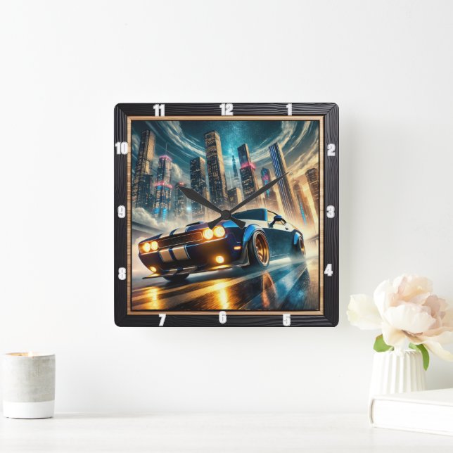 Classic Muscle Car Against Futuristic Cityscape  Square Wall Clock (Home)