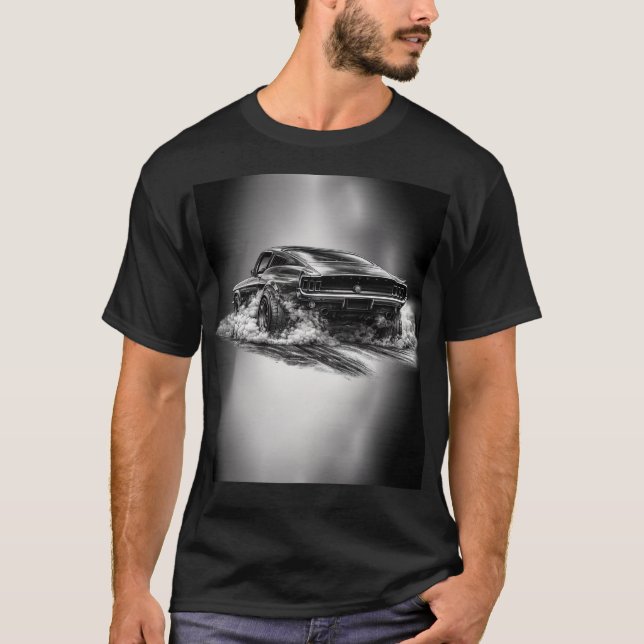 Classic Muscle Car Burnout Black & White  T-Shirt (Front)