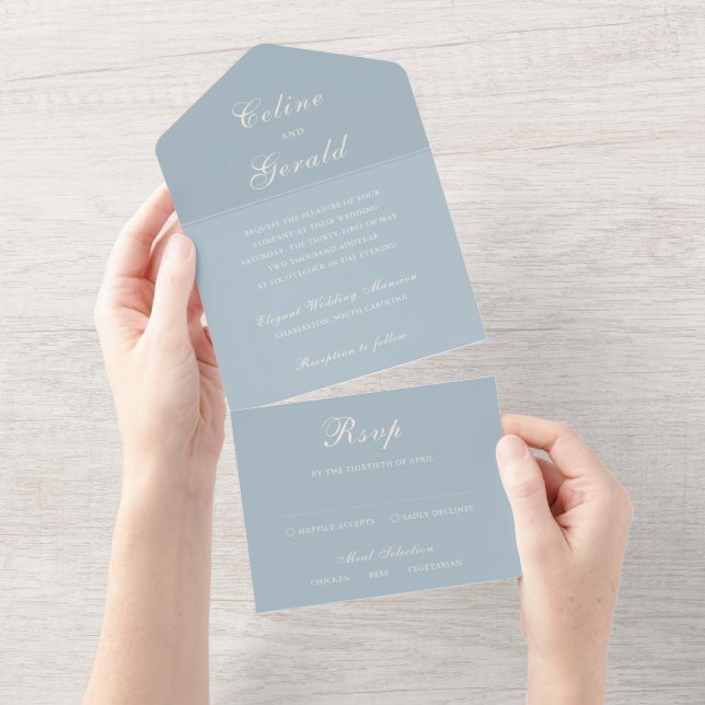 Classic Muted Blue Elegant Wedding All In One Invitation (Tearaway)