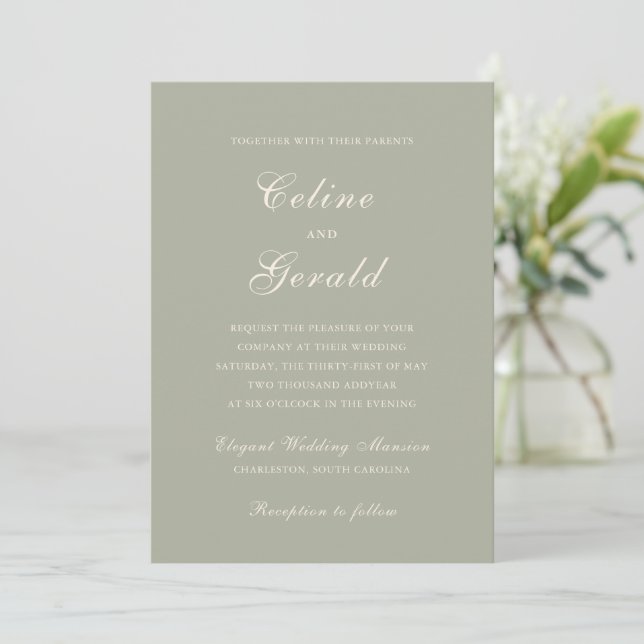 Classic Muted Green Elegant Wedding Invitation (Standing Front)
