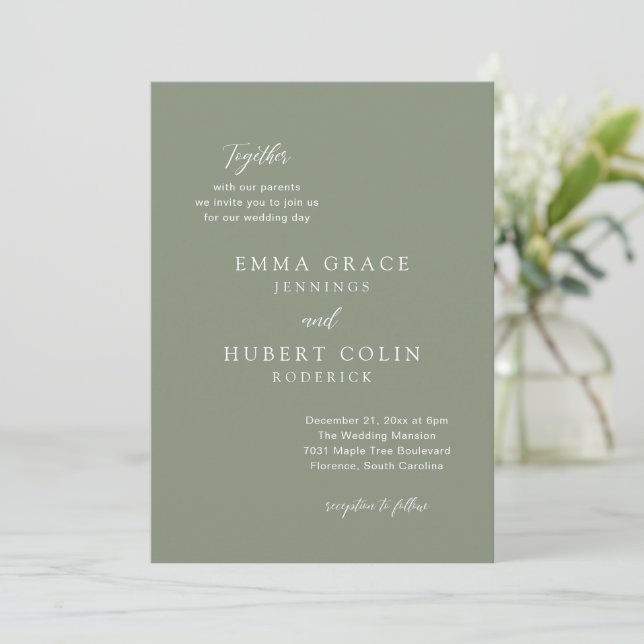Classic Muted Green Elegant Wedding Invitation (Standing Front)