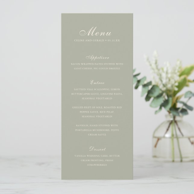 Classic Muted Green Elegant Wedding Menu (Standing Front)
