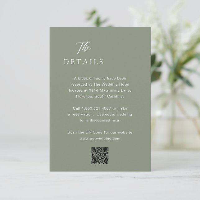 Classic Muted Green QR Code Elegant Wedding Enclosure Card (Standing Front)