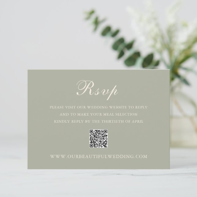 Classic Muted Green QR Code Elegant Wedding RSVP Card (Standing Front)