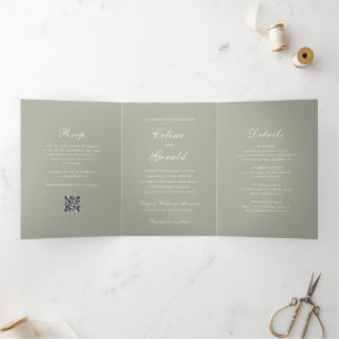 Classic Muted Green QR Code Elegant Wedding Tri-Fold Invitation