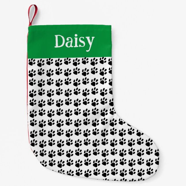 Classic Name Pet Paw Print Black & White  Small Christmas Stocking (Front)