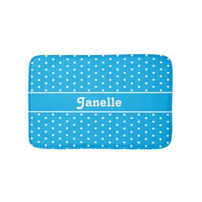 Classic Name Polka Dots Blue and White Bath Mat (Front)
