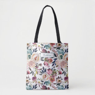 Classic Named Cream Blush Pink Blue Green Floral Tote Bag