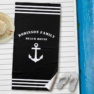 Classic Nautical Anchor Family Beach House Black Beach Towel