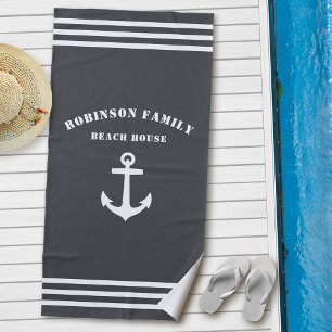 Classic Nautical Anchor Family Beach House Grey Beach Towel