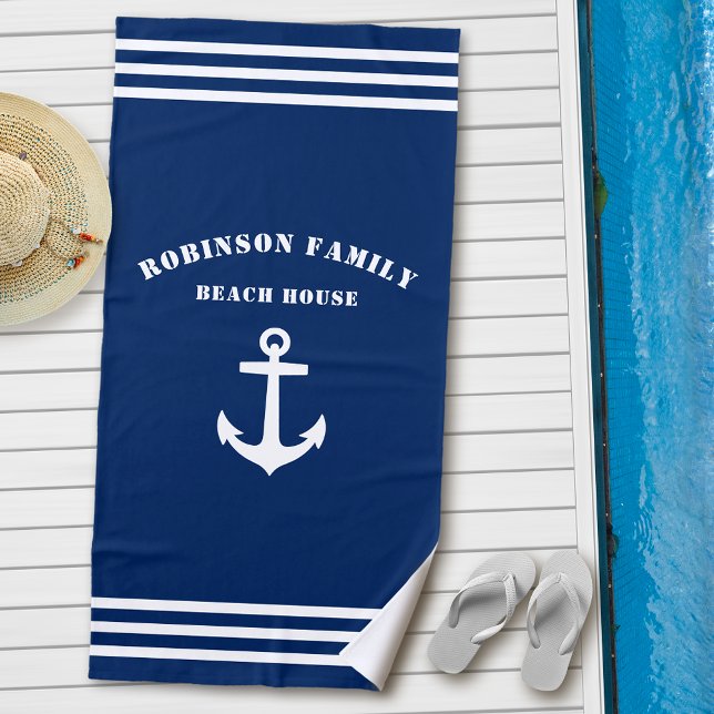 Classic Nautical Anchor Family Beach House Navy Beach Towel (Creator Uploaded)