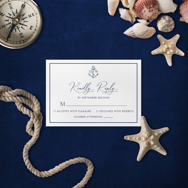 Classic Nautical Anchor Monogram Wedding RSVP Card (Creator Uploaded)