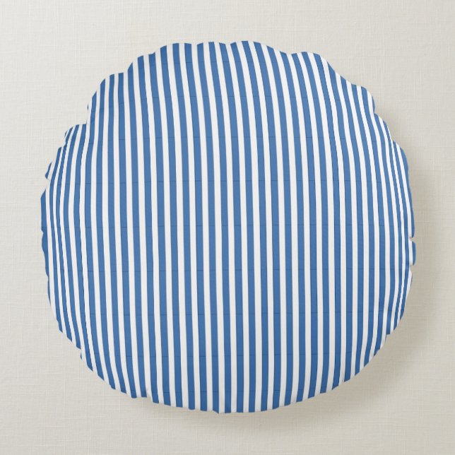 Classic Nautical Blue and White Ticking Stripe Round Cushion (Front)