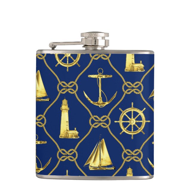 Classic Nautical Gold Blue Hip Flask (Front)