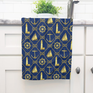 Classic Nautical Gold Blue Tea Towel
