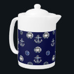 Classic Nautical Navy Blue and White<br><div class="desc">This classic Nautical Teapot includes Compasses,  Captain Wheels,  Nautical Life Buoys and Anchors all on a ink blue background. 
Find additional stylish and trendy classical Nautical Decorations and Gifting Products in our Nautical Collection.</div>