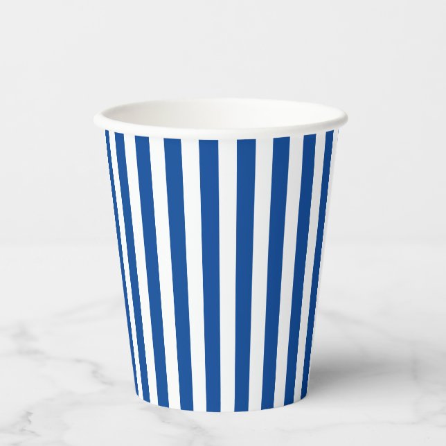 Classic Nautical Navy Blue White Vertical Striped Paper Cups (Front)