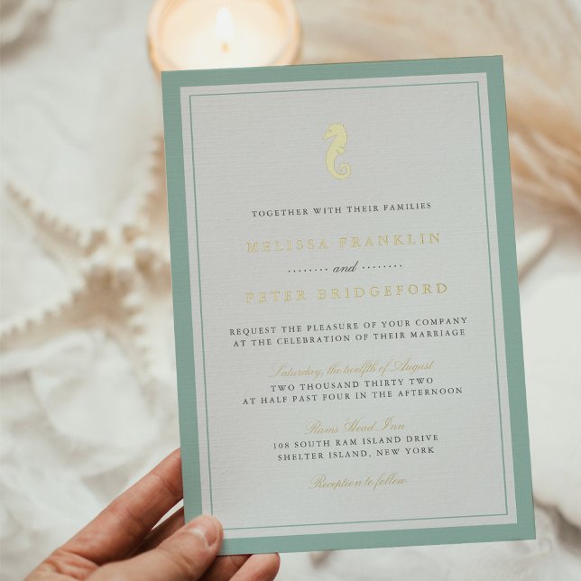 Classic Nautical Seahorse Wedding Gold Foil Invita (Creator Uploaded)