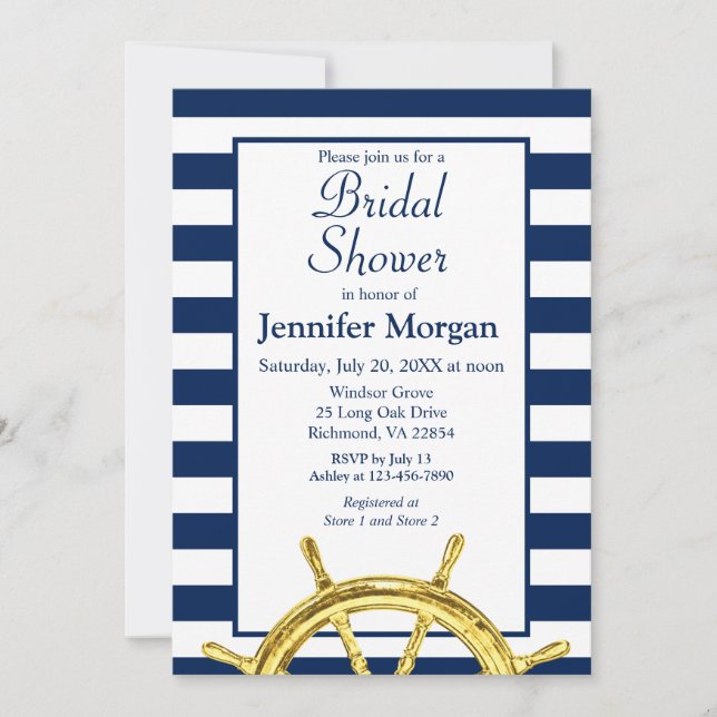 Classic Nautical Stripes Navy Gold Bridal Shower Invitation (Front)