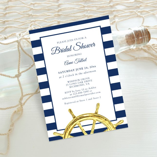 Classic Nautical Stripes Navy Gold Bridal Shower Invitation (Creator Uploaded)