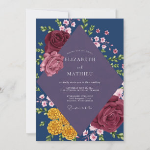 Classic Navy Amethyst Wildflower Wedding Invitation