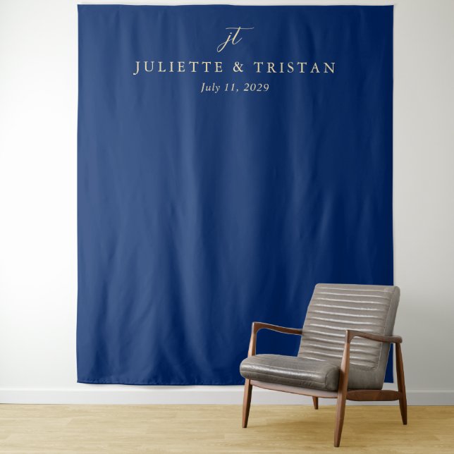 Classic Navy and Cream Elegant Wedding Backdrop Tapestry (In Situ)