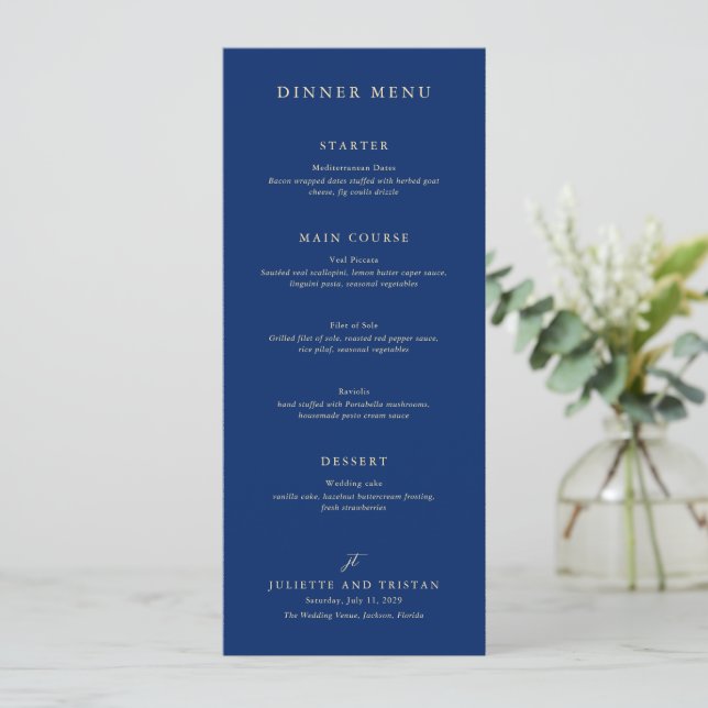 Classic Navy and Cream Elegant Wedding Menu (Standing Front)