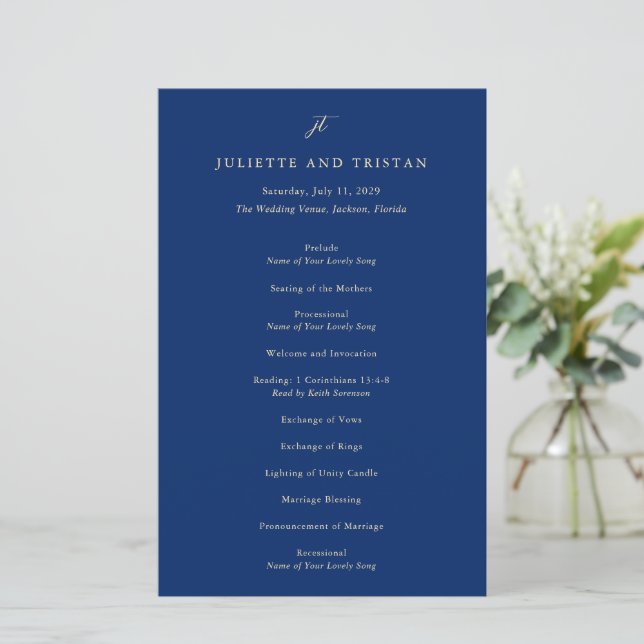 Classic Navy and Cream Elegant Wedding Program (Standing Front)