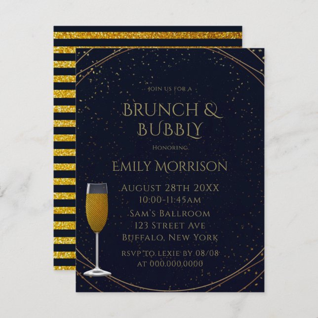 Classic Navy and Gold Brunch and Bubbly Invitation (Front/Back)